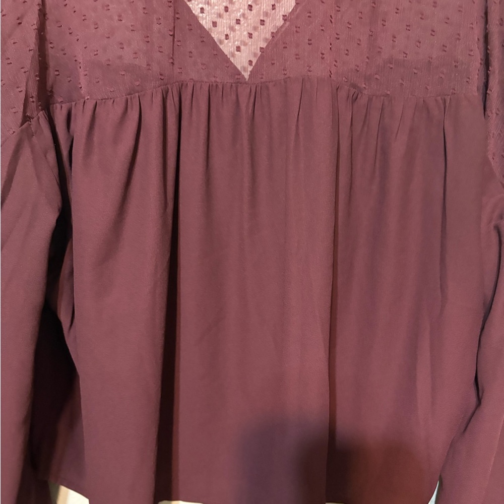 LOFT Burgundy Sheer Dotted-Yoke Long-Sleeve Peasant Top Size S - Picture 9 of 11